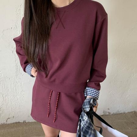 FA54245# 系学院套装拼接格纹假两件卫衣抽绳半身裙时髦两件套女 服裝批發女裝批發服飾貨源