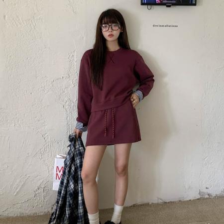 FA54245# 系学院套装拼接格纹假两件卫衣抽绳半身裙时髦两件套女 服裝批發女裝批發服飾貨源