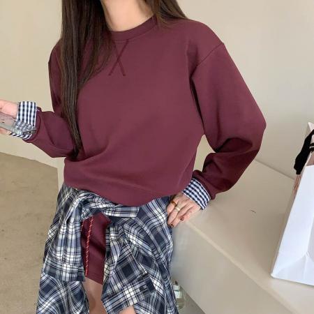 FA54245# 系学院套装拼接格纹假两件卫衣抽绳半身裙时髦两件套女 服裝批發女裝批發服飾貨源