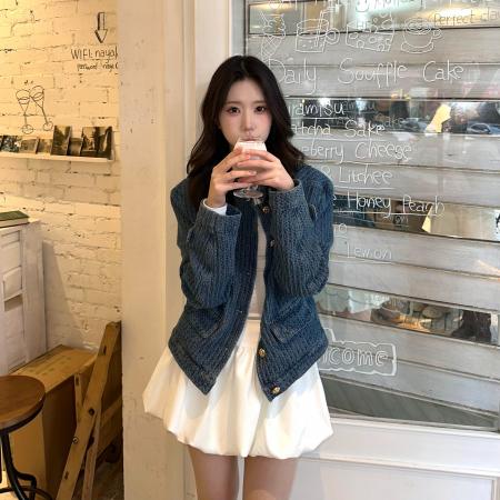 FA54246# 牛仔也老钱中古立领正肩金扣口袋丹宁牛仔外套上衣女秋 服裝批發女裝批發服飾貨源