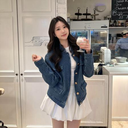 FA54246# 牛仔也老钱中古立领正肩金扣口袋丹宁牛仔外套上衣女秋 服裝批發女裝批發服飾貨源