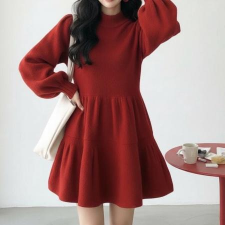 FA54248# 韩国巨好看的女装春装新款穿搭新年战袍元旦红色针织连衣裙子 服裝批發女裝批發服飾貨源