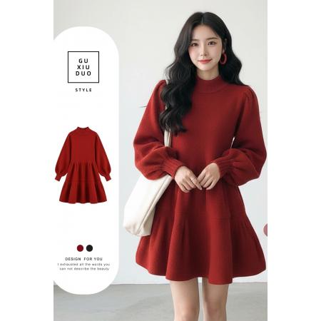 FA54248# 韩国巨好看的女装春装新款穿搭新年战袍元旦红色针织连衣裙子 服裝批發女裝批發服飾貨源