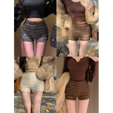 FA54251# 高级钉珠亮片短裤女粗毛呢复古休闲裤秋冬高腰百搭靴裤 服裝批發女裝批發服飾貨源