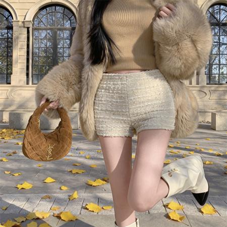 FA54251# 高级钉珠亮片短裤女粗毛呢复古休闲裤秋冬高腰百搭靴裤 服裝批發女裝批發服飾貨源