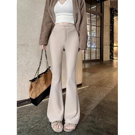 FA54252# 加绒加厚蕾丝拼接微喇休闲裤修身高腰百搭拖地长裤子 服裝批發女裝批發服飾貨源