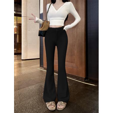 FA54252# 加绒加厚蕾丝拼接微喇休闲裤修身高腰百搭拖地长裤子 服裝批發女裝批發服飾貨源