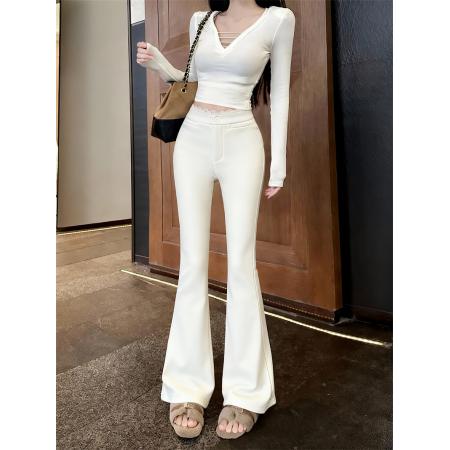 FA54252# 加绒加厚蕾丝拼接微喇休闲裤修身高腰百搭拖地长裤子 服裝批發女裝批發服飾貨源