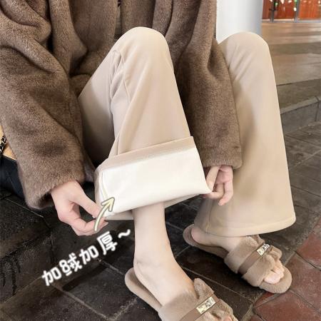 FA54252# 加绒加厚蕾丝拼接微喇休闲裤修身高腰百搭拖地长裤子 服裝批發女裝批發服飾貨源