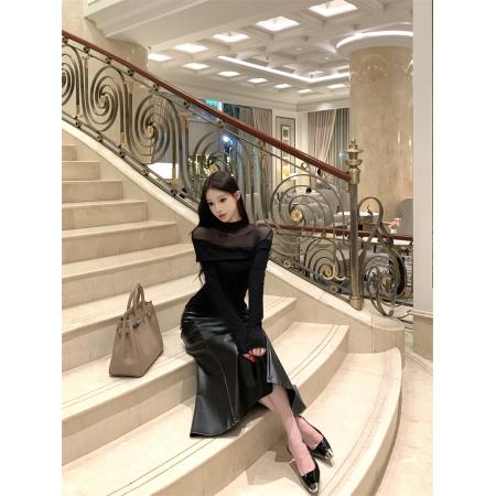 FA54253# 纯欲一字肩长袖T恤秋冬打底衫高腰中长款鱼尾裙包臀裙 服裝批發女裝批發服飾貨源