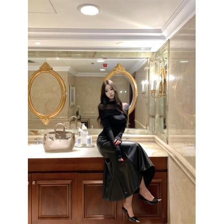 FA54253# 纯欲一字肩长袖T恤秋冬打底衫高腰中长款鱼尾裙包臀裙 服裝批發女裝批發服飾貨源