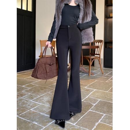 FA54254# 黑色微喇西装裤女秋冬加绒新款百搭修身弹力喇叭拖地裤 服裝批發女裝批發服飾貨源