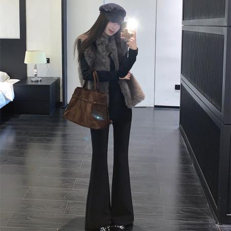 FA54254# 黑色微喇西装裤女秋冬加绒新款百搭修身弹力喇叭拖地裤 服裝批發女裝批發服飾貨源
