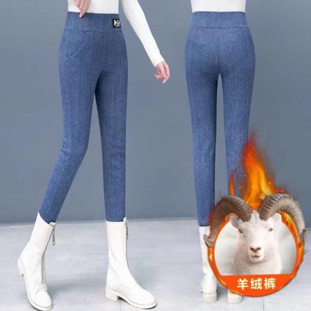 LN76427# 仿牛仔色裤子女秋冬季爆款打底裤女外穿加绒加厚女士小脚保暖棉裤