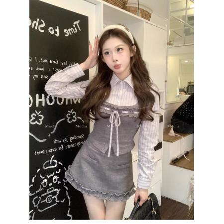 FA54260# 麻吉麻吉mochi甜心物语假两件衬衫领长袖上衣冬百搭半裙套装 服裝批發女裝批發服飾貨源