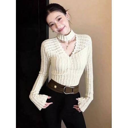 FA54261# 法式蕾丝镂空打底衫女内搭秋冬季新款设计感修身正肩磨毛上衣 服裝批發女裝批發服飾貨源