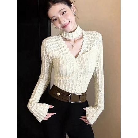 FA54261# 法式蕾丝镂空打底衫女内搭秋冬季新款设计感修身正肩磨毛上衣 服裝批發女裝批發服飾貨源