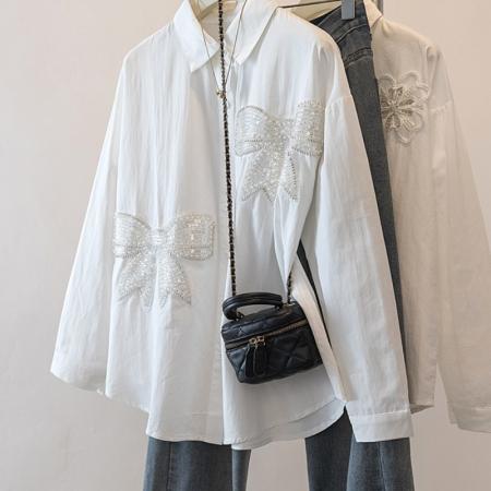 FA54263# 大码女装立体蝴蝶设计感重工钉珠衬衫早春新款显瘦上衣 服裝批發女裝批發服飾貨源