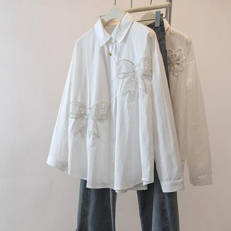 FA54263# 大码女装立体蝴蝶设计感重工钉珠衬衫早春新款显瘦上衣 服裝批發女裝批發服飾貨源