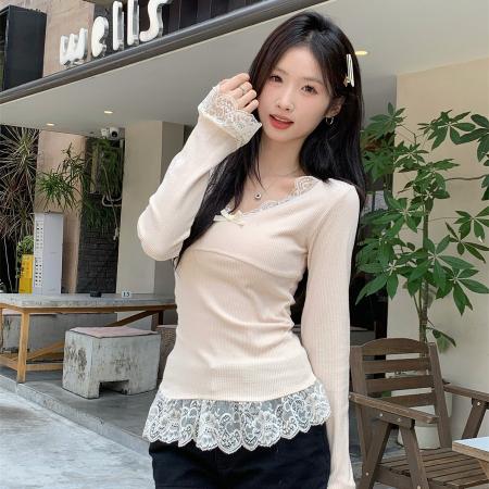 FA54270# 法式设计感蕾丝拼接蝴蝶结V领辣妹长袖修身显瘦打底T恤 服裝批發女裝批發服飾貨源