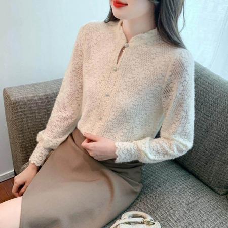 FA54272# 新款早春蕾丝女雪纺蕾丝修身显瘦时尚洋气长袖时尚上衣 服裝批發女裝批發服飾貨源