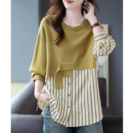 FA54273# 条纹假两件衬衫女春秋款轻奢高级感衬衣新款大码胖mm长袖上衣 服裝批發女裝批發服飾貨源