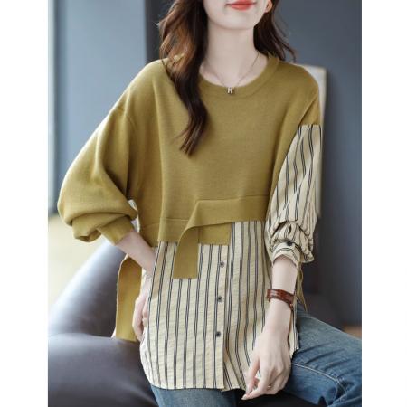 FA54273# 条纹假两件衬衫女春秋款轻奢高级感衬衣新款大码胖mm长袖上衣 服裝批發女裝批發服飾貨源