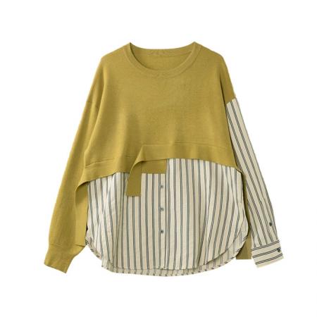 FA54273# 条纹假两件衬衫女春秋款轻奢高级感衬衣新款大码胖mm长袖上衣 服裝批發女裝批發服飾貨源