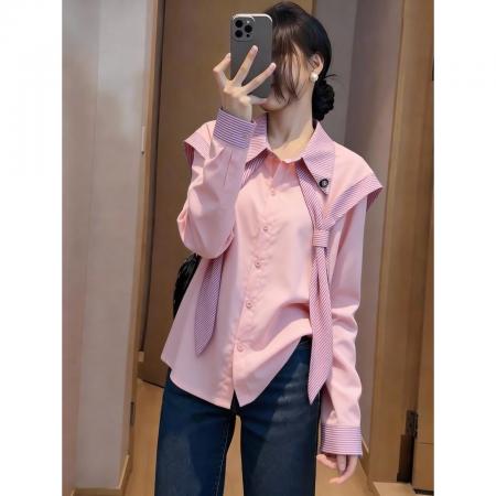 FA54274# 简约干练少女感温柔休闲随性粉色衬衫＋粉色披肩早春开衫 服裝批發女裝批發服飾貨源