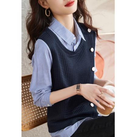 FA54276# 假两件拼接条纹衬衣春季新款设计感不规则宽松显瘦长袖衬衫女 服裝批發女裝批發服飾貨源