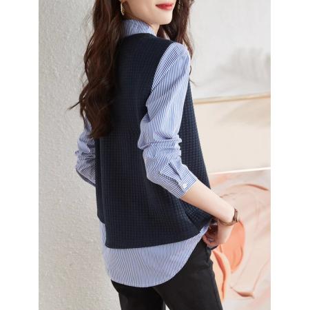 FA54276# 假两件拼接条纹衬衣春季新款设计感不规则宽松显瘦长袖衬衫女 服裝批發女裝批發服飾貨源
