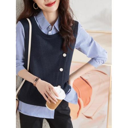 FA54276# 假两件拼接条纹衬衣春季新款设计感不规则宽松显瘦长袖衬衫女 服裝批發女裝批發服飾貨源