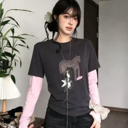 FA54278# 温柔风小众粉灰撞色感假两件穿搭上衣女秋冬新款掐腰显瘦款打底衫 服裝批發女裝批發服飾貨源