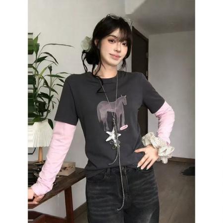 FA54278# 温柔风小众粉灰撞色感假两件穿搭上衣女秋冬新款掐腰显瘦款打底衫 服裝批發女裝批發服飾貨源