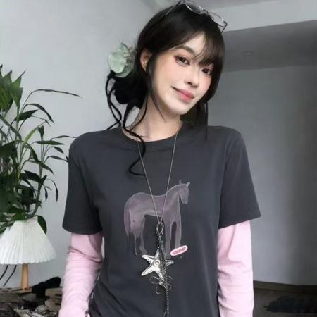 FA54278# 温柔风小众粉灰撞色感假两件穿搭上衣女秋冬新款掐腰显瘦款打底衫 服裝批發女裝批發服飾貨源