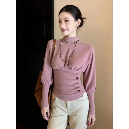 FA54279# 冬季新款气质独特小众设计轻熟收腰修身半高领粉色双面绒T恤 服裝批發女裝批發服飾貨源