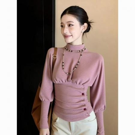 FA54279# 冬季新款气质独特小众设计轻熟收腰修身半高领粉色双面绒T恤 服裝批發女裝批發服飾貨源