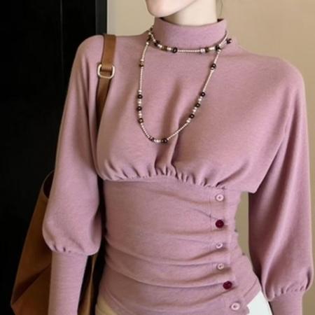 FA54279# 冬季新款气质独特小众设计轻熟收腰修身半高领粉色双面绒T恤 服裝批發女裝批發服飾貨源