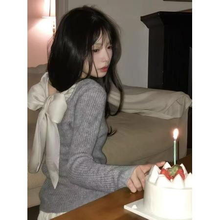 FA54280# 韩系穿搭!!蝴蝶结毛衣针织衫秋冬灰色慵懒温柔纯欲显瘦上衣潮 服裝批發女裝批發服飾貨源