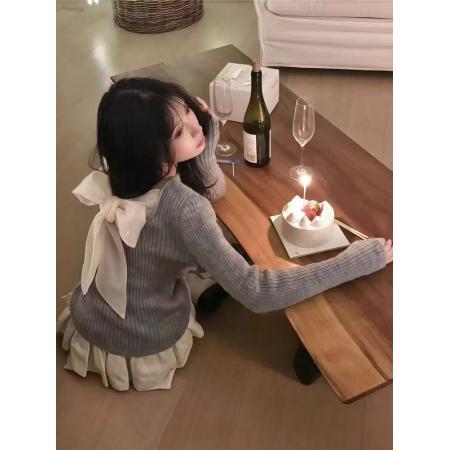 FA54280# 韩系穿搭!!蝴蝶结毛衣针织衫秋冬灰色慵懒温柔纯欲显瘦上衣潮 服裝批發女裝批發服飾貨源