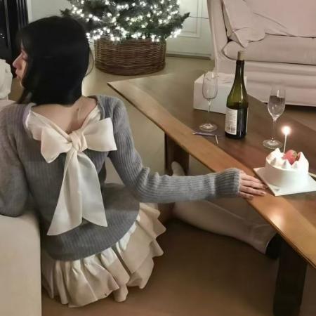 FA54280# 韩系穿搭!!蝴蝶结毛衣针织衫秋冬灰色慵懒温柔纯欲显瘦上衣潮 服裝批發女裝批發服飾貨源