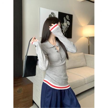 FA54283# 复古撞色条纹Polo领针织衫女秋冬修身显瘦长袖上衣毛衣女 服裝批發女裝批發服飾貨源