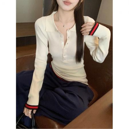 FA54283# 复古撞色条纹Polo领针织衫女秋冬修身显瘦长袖上衣毛衣女 服裝批發女裝批發服飾貨源