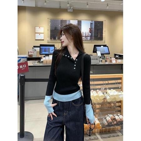 FA54284# 拼接撞色设计感翻领打底毛衣女修身显瘦气质加厚针织 服裝批發女裝批發服飾貨源