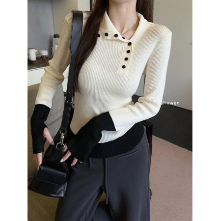 FA54284# 拼接撞色设计感翻领打底毛衣女修身显瘦气质加厚针织 服裝批發女裝批發服飾貨源