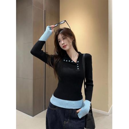 FA54284# 拼接撞色设计感翻领打底毛衣女修身显瘦气质加厚针织 服裝批發女裝批發服飾貨源