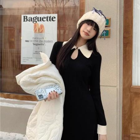 FA54286# 法式撞色翻领针织连衣裙女装时尚秋冬可单穿内搭打底毛衣裙 服裝批發女裝批發服飾貨源