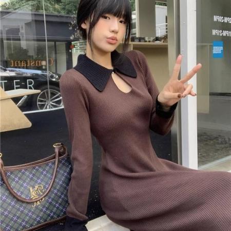 FA54286# 法式撞色翻领针织连衣裙女装时尚秋冬可单穿内搭打底毛衣裙 服裝批發女裝批發服飾貨源