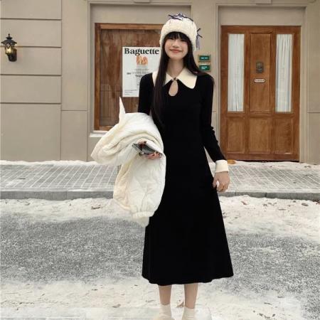 FA54286# 法式撞色翻领针织连衣裙女装时尚秋冬可单穿内搭打底毛衣裙 服裝批發女裝批發服飾貨源