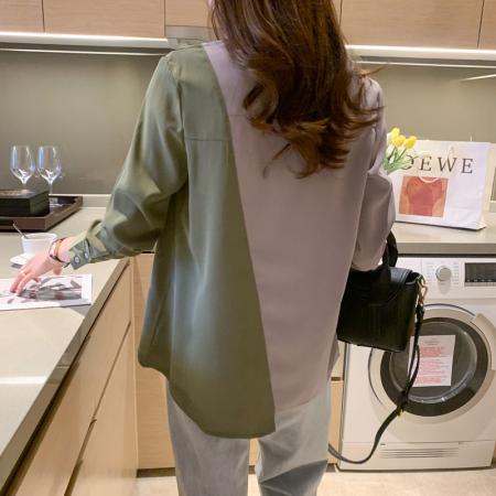 FA54289# 洋气显瘦春秋新款女装翻领撞色雪纺衫上衣开衫衬衫打底衫衬衣 服裝批發女裝批發服飾貨源